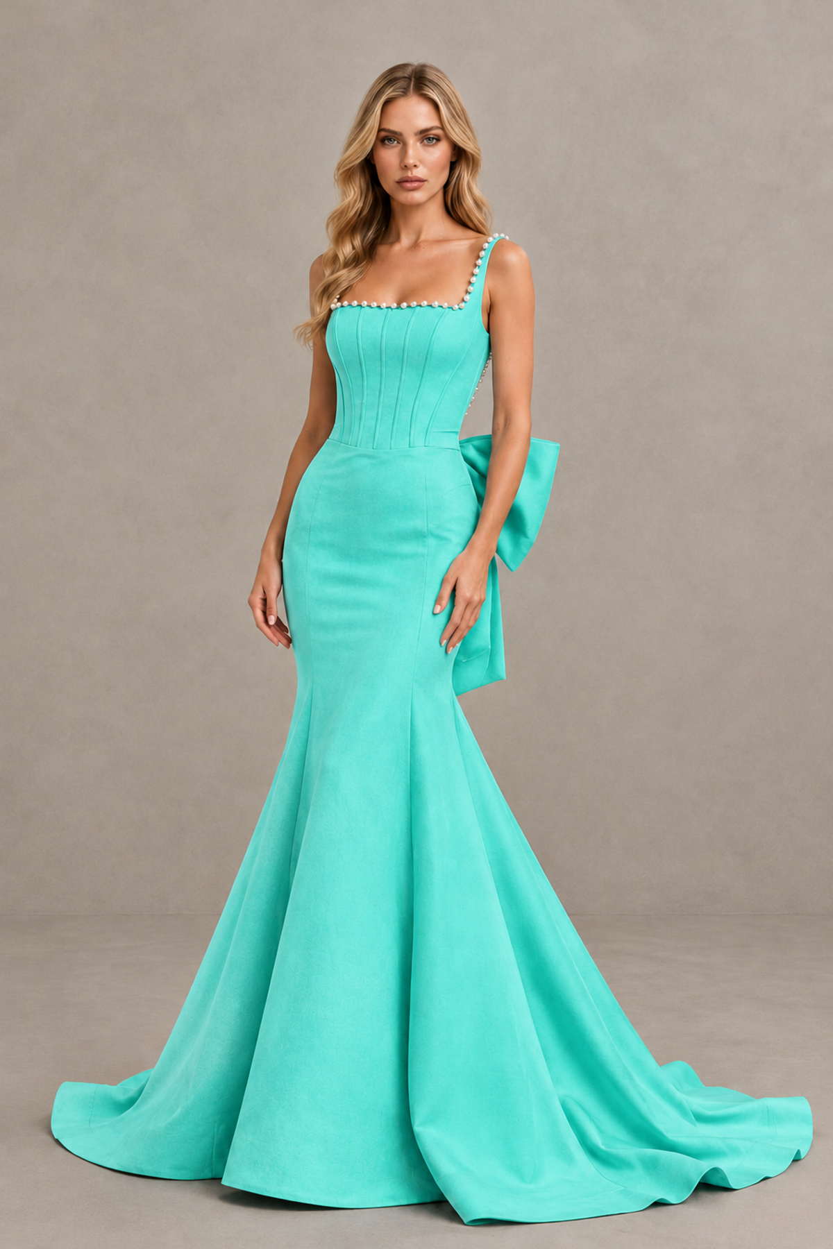 BOLODOO Turquoise Pearl-Trim Mermaid Prom Dress with Back Bow - Turquoise - Turquoise_1