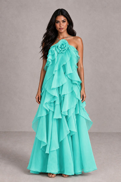 BOLODOO Turquoise Cascading Ruffle Rosette Open-Back Maxi Dress - Turquoise - Turquoise_1