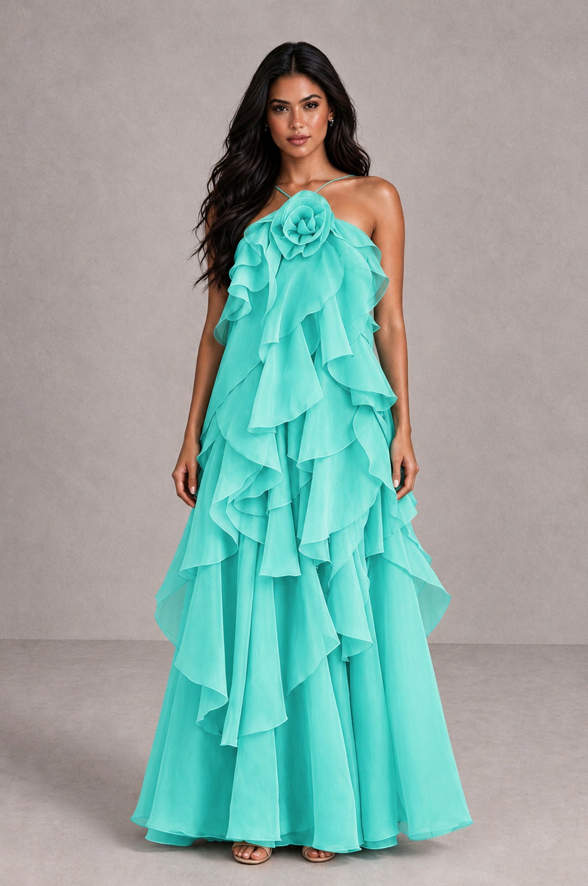 BOLODOO Turquoise Cascading Ruffle Rosette Open-Back Maxi Dress - Turquoise - Turquoise_1