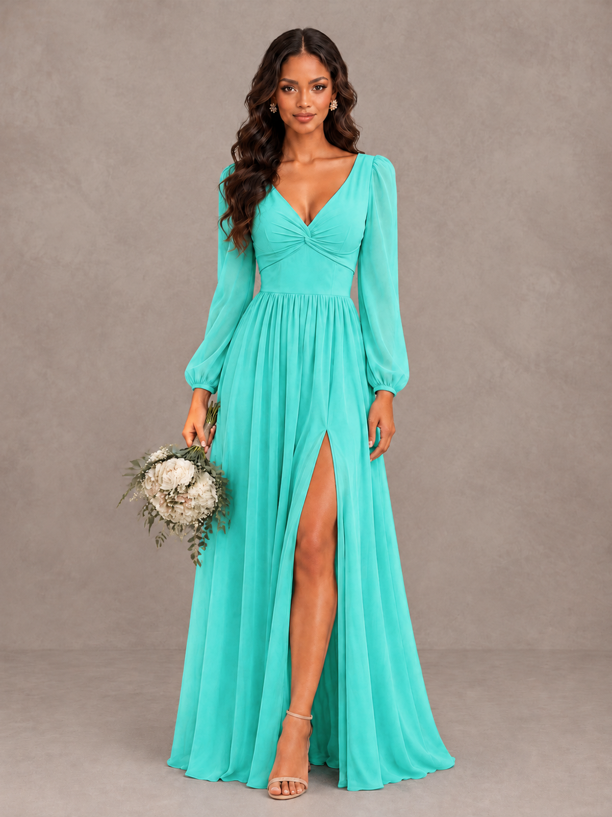 BOLODOO Turquoise V-Neck Long Sleeve Bridesmaid Dress with Tie Back and Slit - Turquoise - Turquoise_1