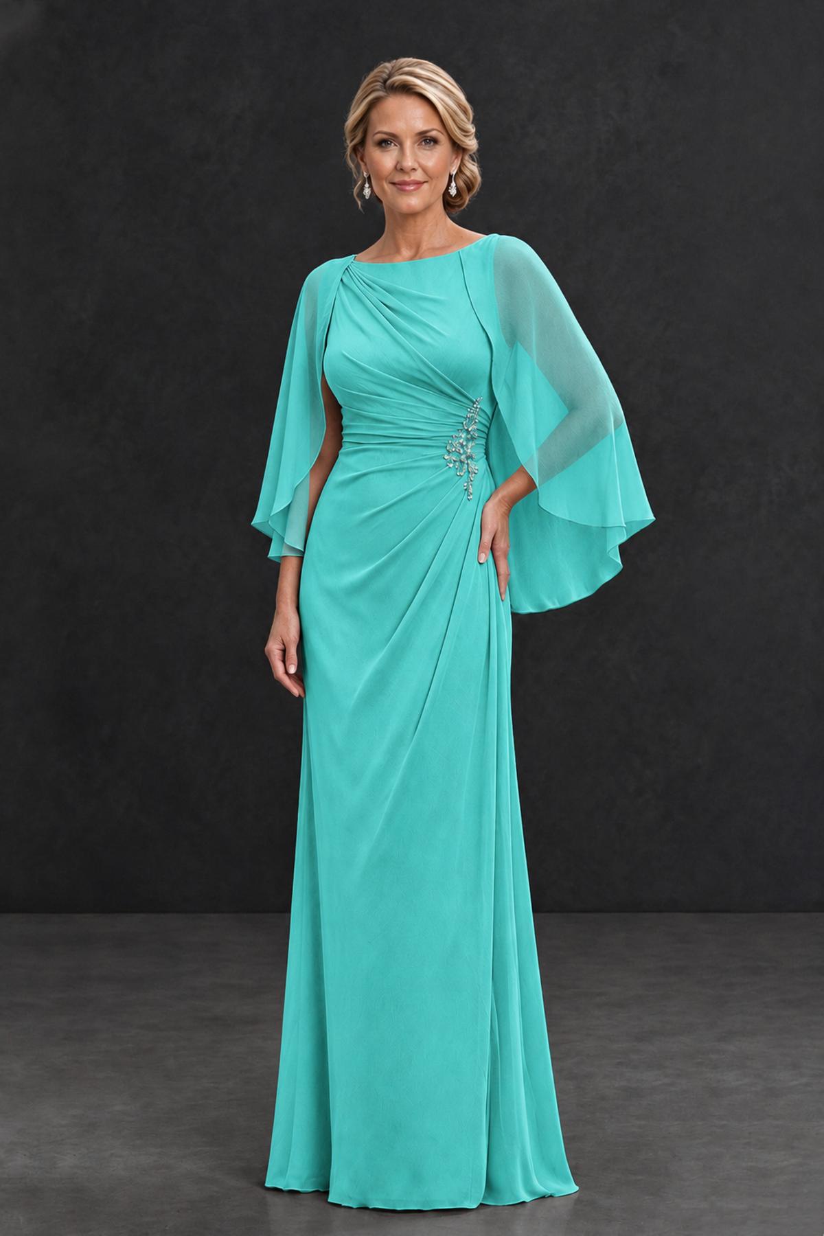 BOLODOO Turquoise Cape Sleeve Mother of the Bride Dress with Ruched Waist - Turquoise - Turquoise_1