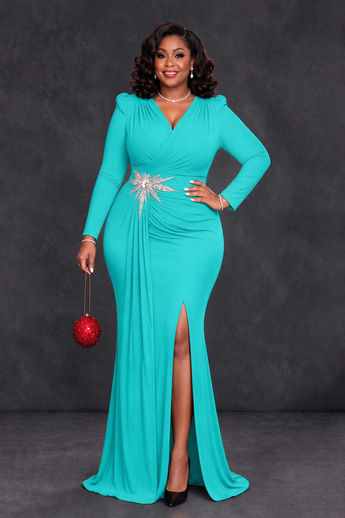 BOLODOO Turquoise Plus Size Long Sleeve V-Neck Mother of the Bride Dress with Slit - Turquoise - Turquoise_1