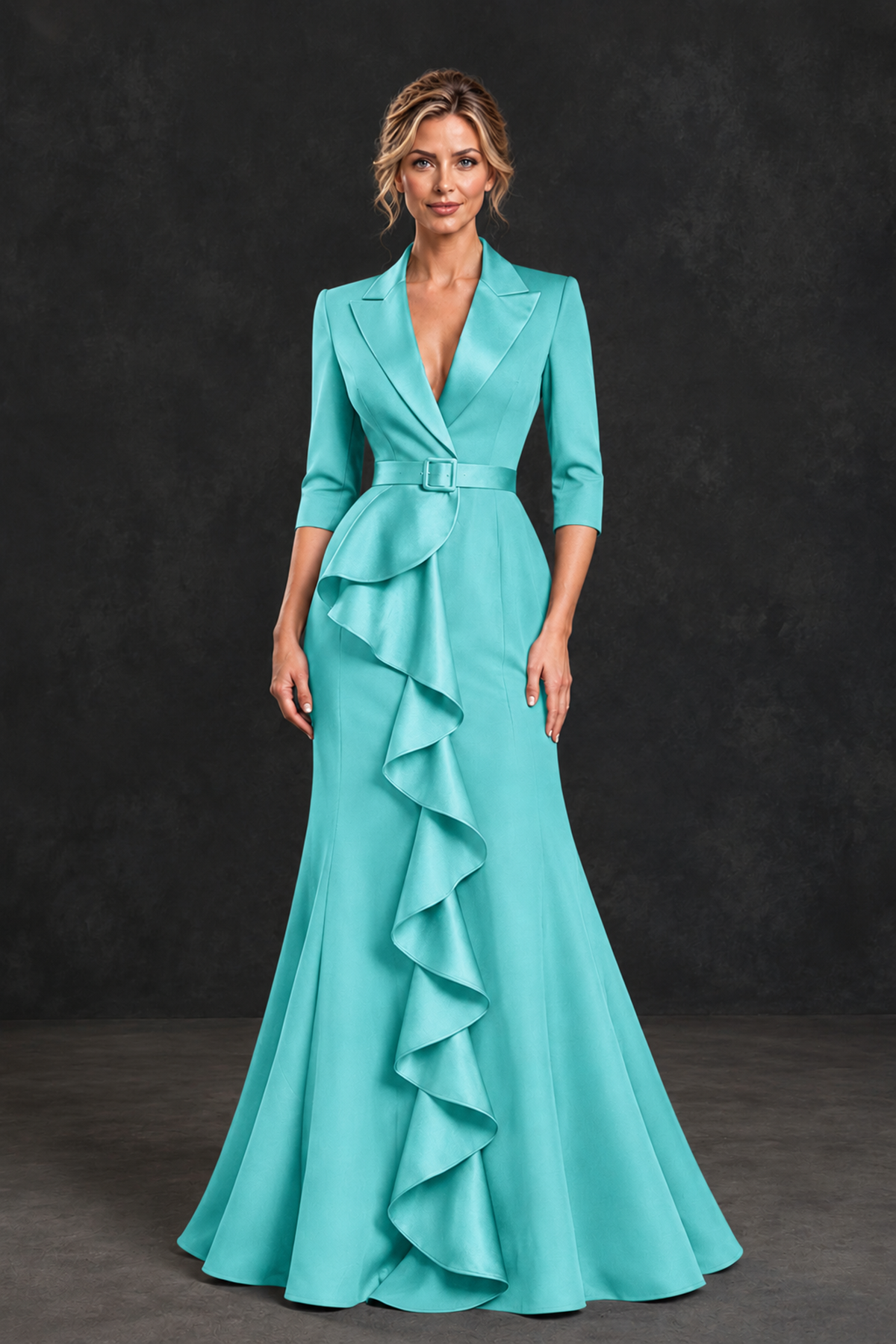 BOLODOO Turquoise Lapel Ruffle Mother of the Bride Dress with Belt - Turquoise - Turquoise_1