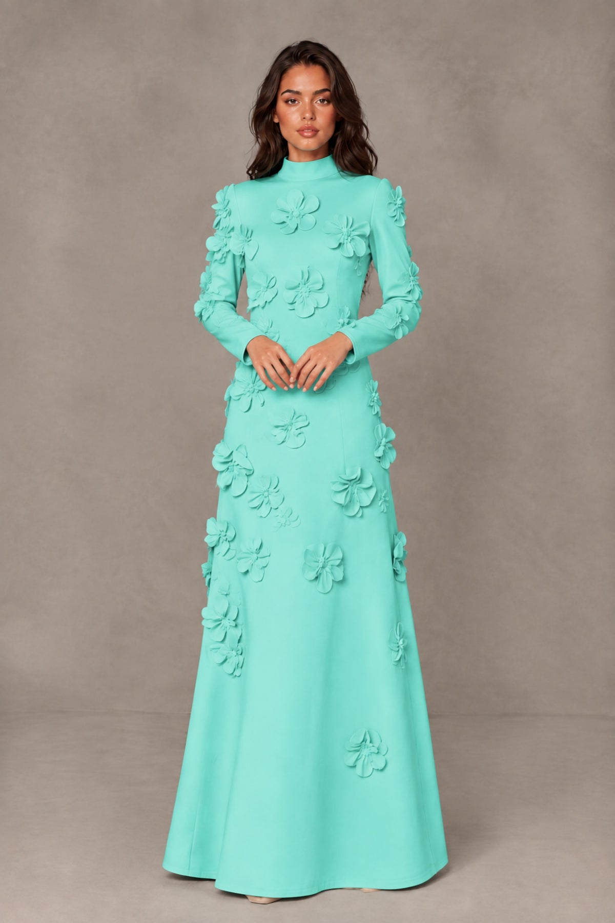 BOLODOO Turquoise High Neck Long Sleeve 3D Floral Evening Gown - Turquoise