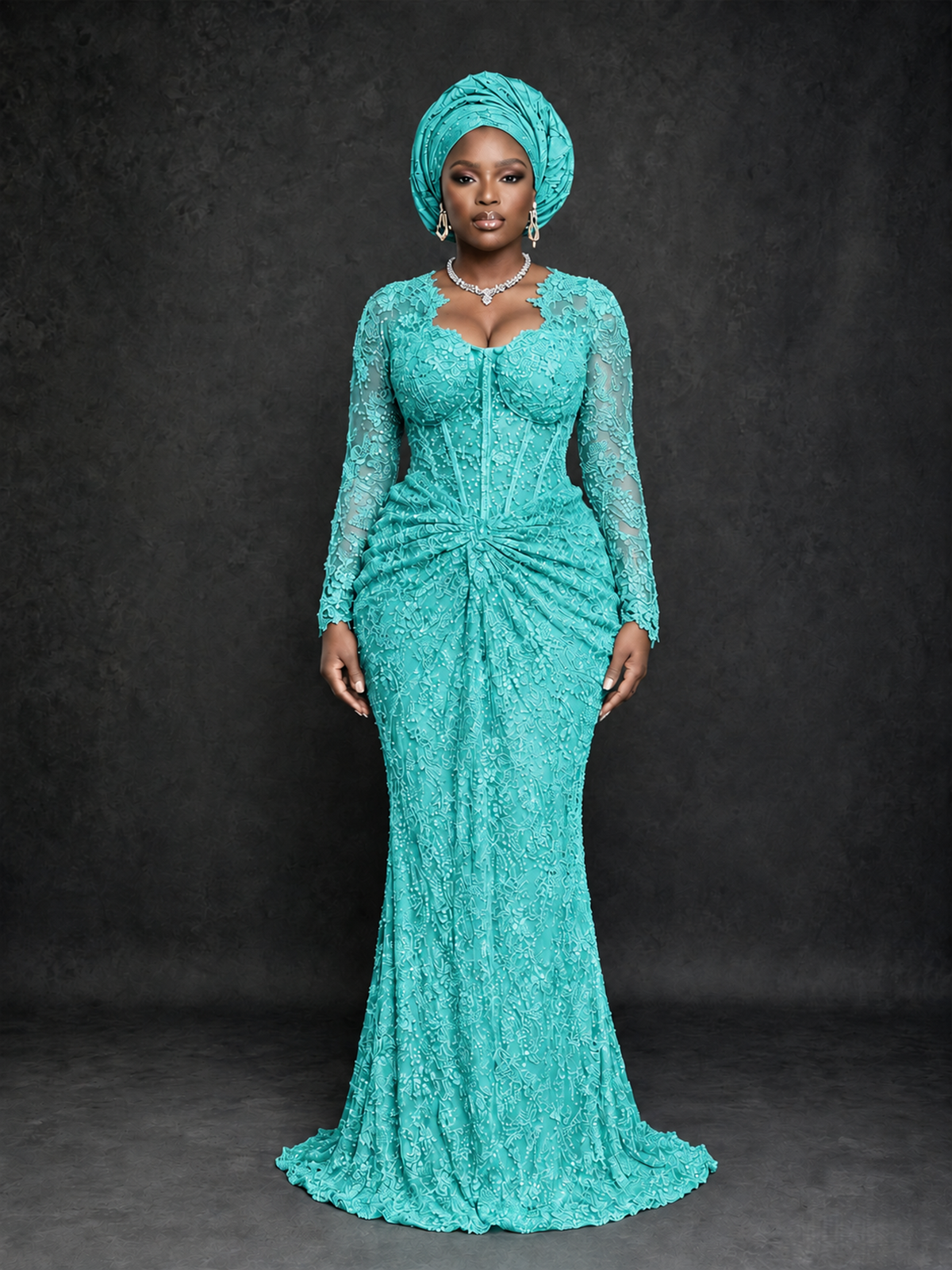 BOLODOO Turquoise Beaded Lace Long Sleeve Mermaid Gown Sweetheart | Mother of the Bride - Turquoise - Turquoise_1
