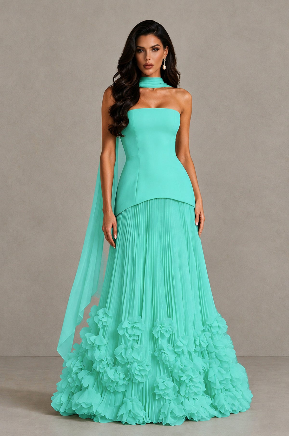 BOLODOO Turquoise Strapless Pleated Floral Hem Evening Gown - Turquoise - Turquoise_1