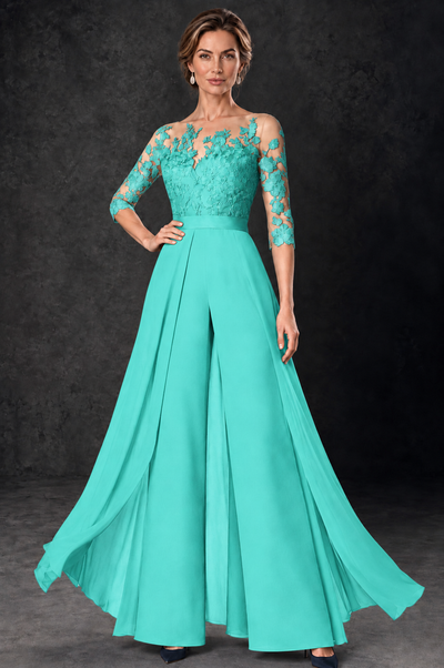 BOLODOO Turquoise Lace Wide-Leg Jumpsuit with Three-Quarter Sleeves - Turquoise - Turquoise_1