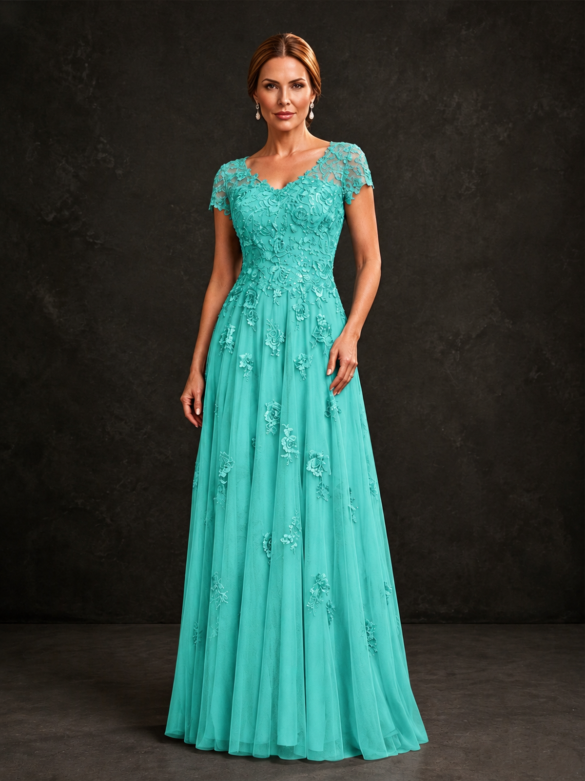 BOLODOO Turquoise Cap Sleeve Lace Appliqué A-Line Formal Gown | Mother of the Bride Dress - Turquoise - Turquoise_1