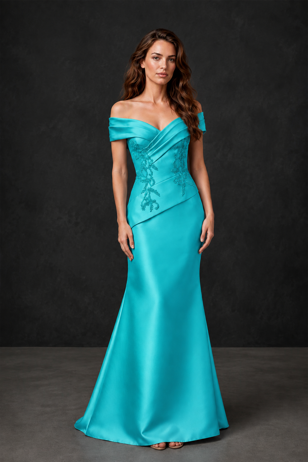 BOLODOO Turquoise Satin Off-Shoulder Sweetheart Asymmetric Peplum Mermaid Gown with Turquoise Floral Embroidery | MOB Evening Dress - Turquoise