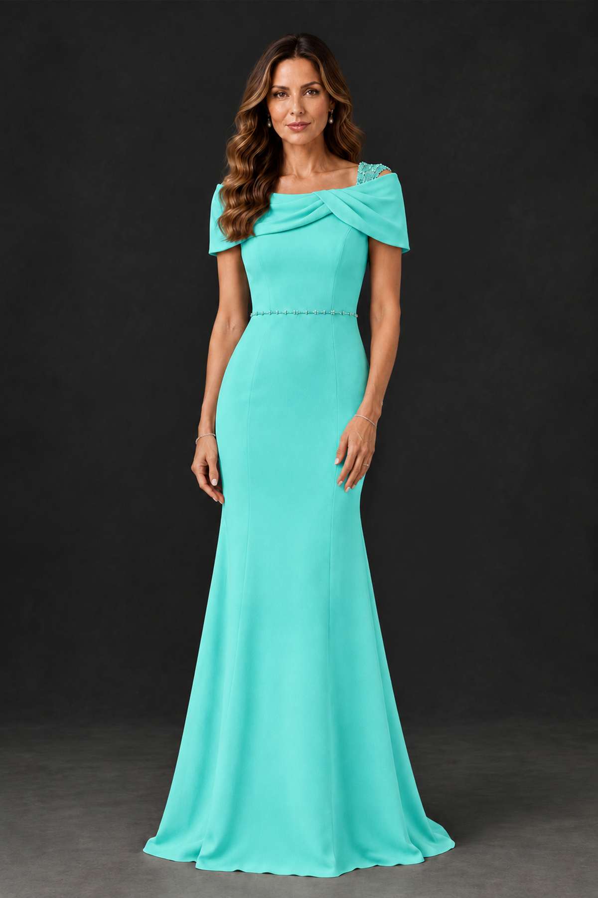 BOLODOO Turquoise Mother of the Bride Dress with Draped Cape Detail - Turquoise - Turquoise_1