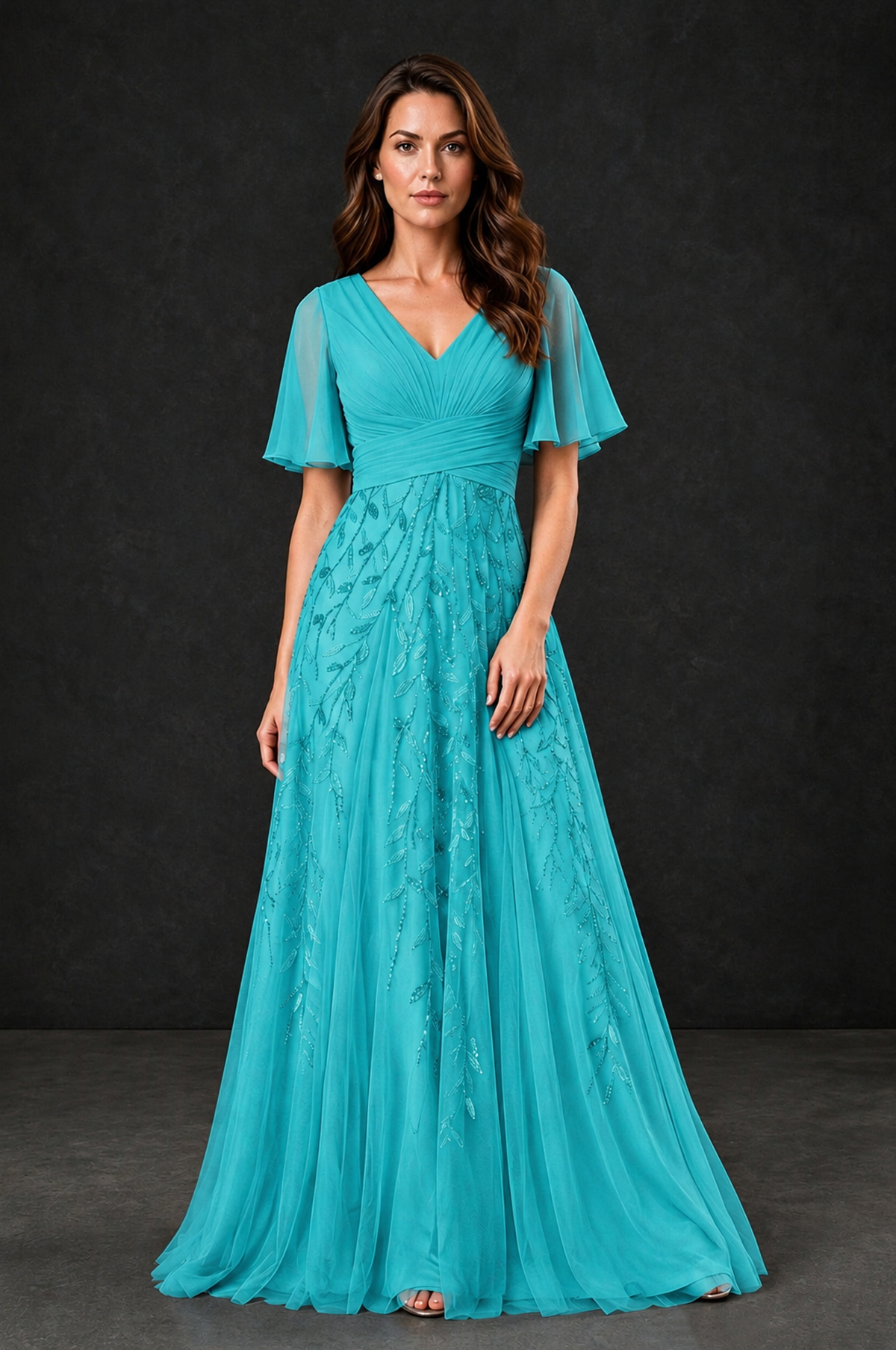 BOLODOO Turquoise V-Neck Flutter Sleeve Beaded Botanical Tulle A-Line Gown | Mother of the Bride Evening Dress - Turquoise - Turquoise_1