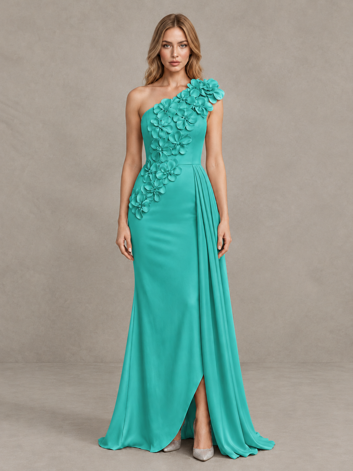 BOLODOO Turquoise One-Shoulder Satin Mermaid Evening Gown with 3D Floral Appliqué - Turquoise - Turquoise_1
