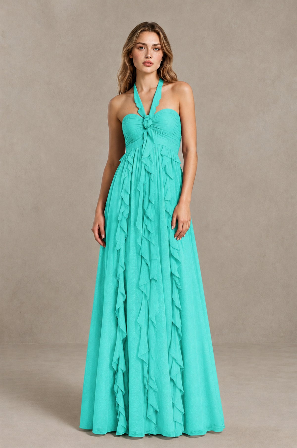 BOLODOO Turquoise Halter Ruffle A-Line Floor-Length Evening Dress - Turquoise - Turquoise_1