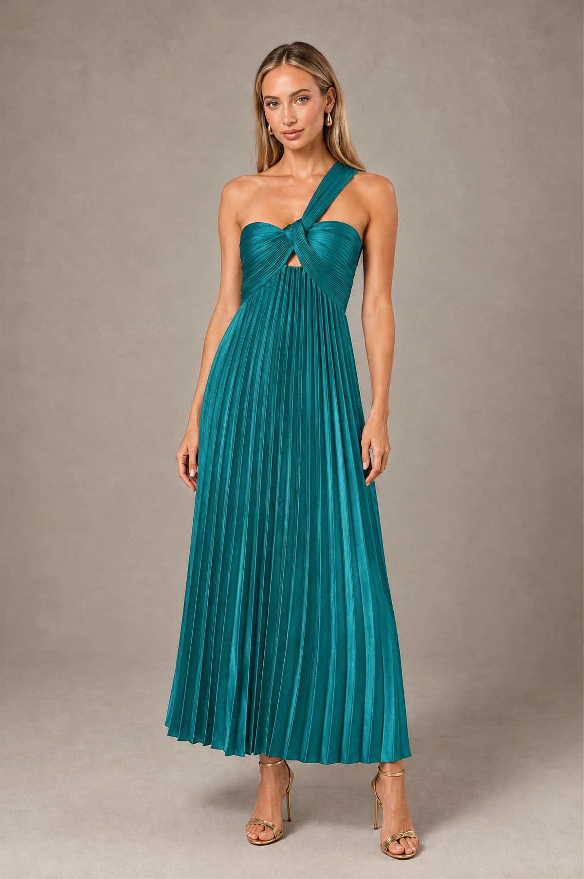 BOLODOO Turquoise One-Shoulder Twist Knot Pleated Satin Midi Dress with Cutout - Turquoise - Turquoise_1