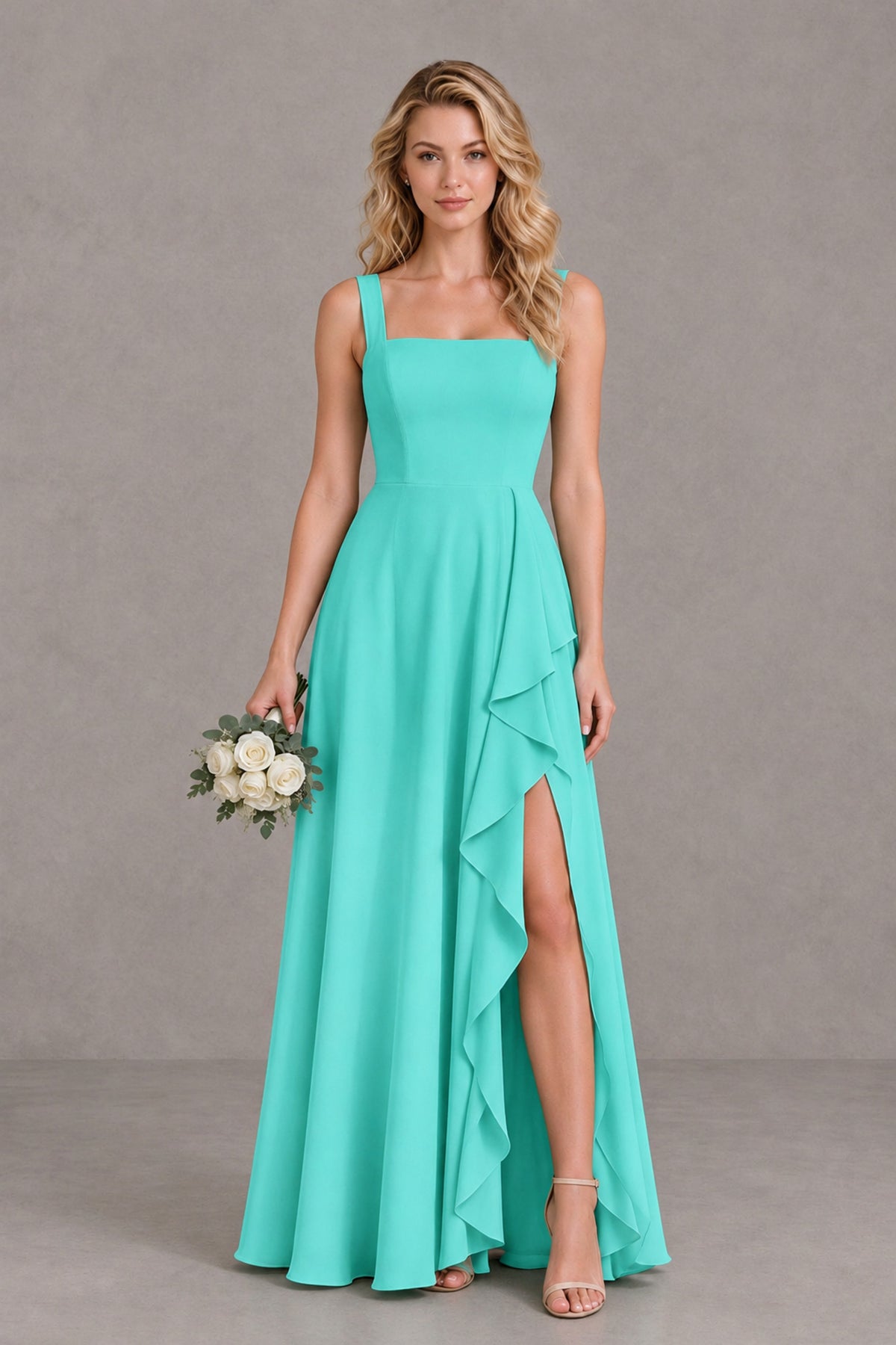 BOLODOO Turquoise Square Neck Ruffle A-Line Bridesmaid Dress with Slit - Turquoise - Turquoise_1