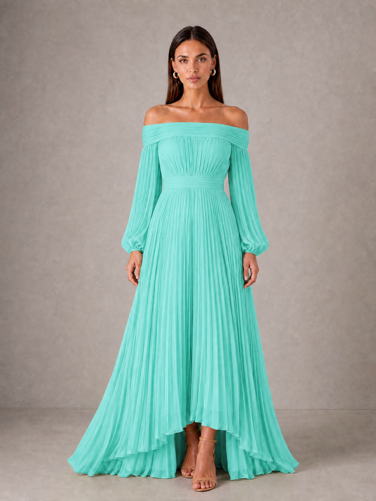 BOLODOO Turquoise Off-Shoulder Long Sleeve Pleated High-Low Dress - Turquoise - Turquoise_1