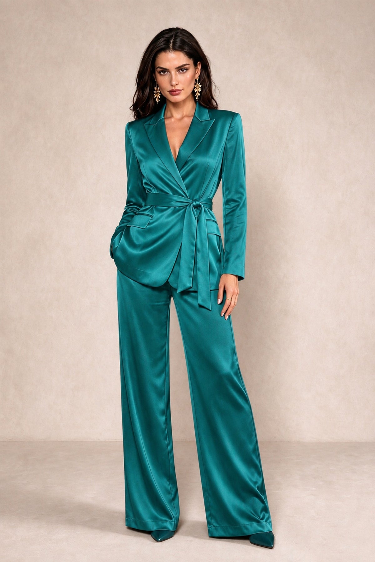 BOLODOO Turquoise Satin Wrap Blazer Wide-Leg Pants Two-Piece Suit Set – Evening Gala Wedding Guest - Turquoise - Turquoise_1