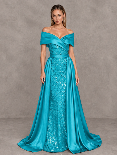 BOLODOO Turquoise Sequin Mermaid Evening Dress with Detachable Satin Overskirt and Sweep Train - Turquoise - Turquoise_1