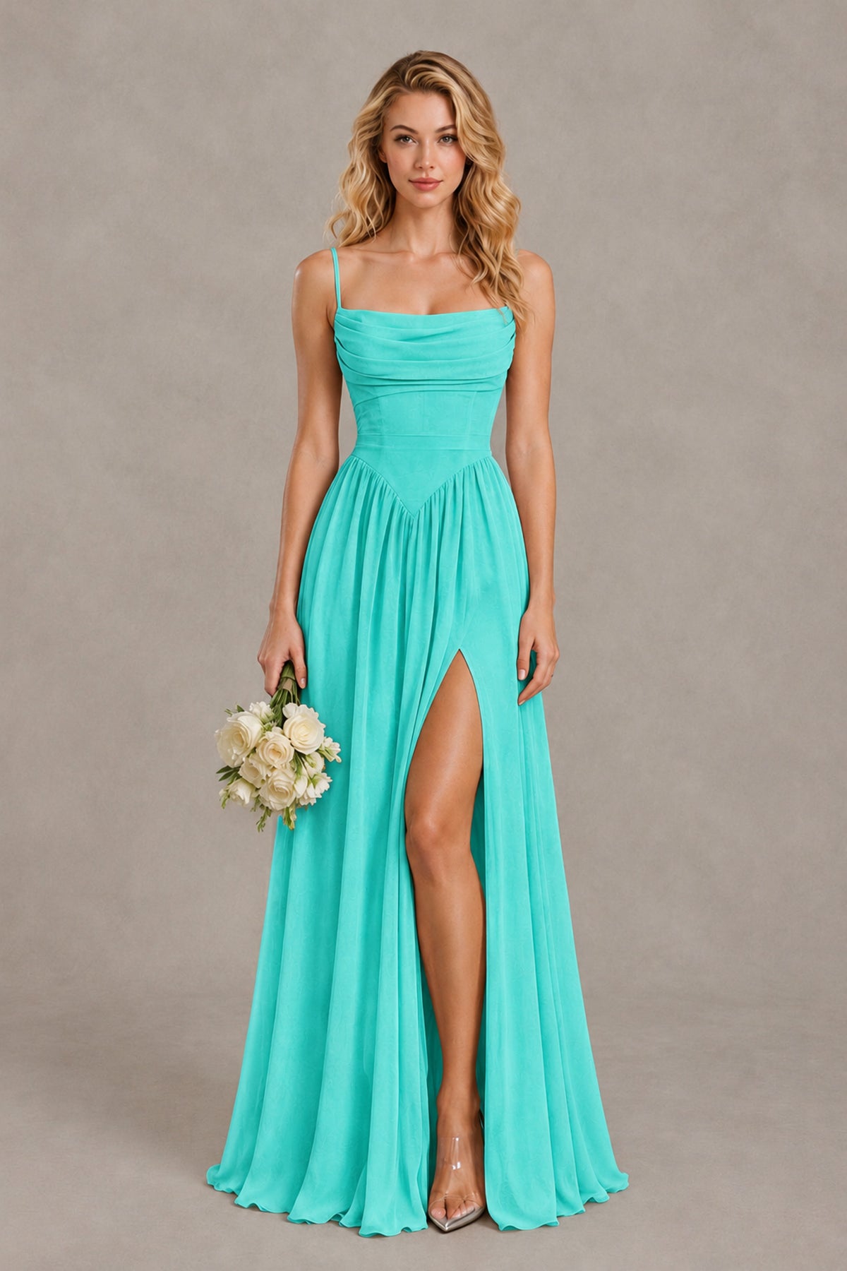 BOLODOO Turquoise Spaghetti Strap A-Line Bridesmaid Dress with Slit - Turquoise - Turquoise_1