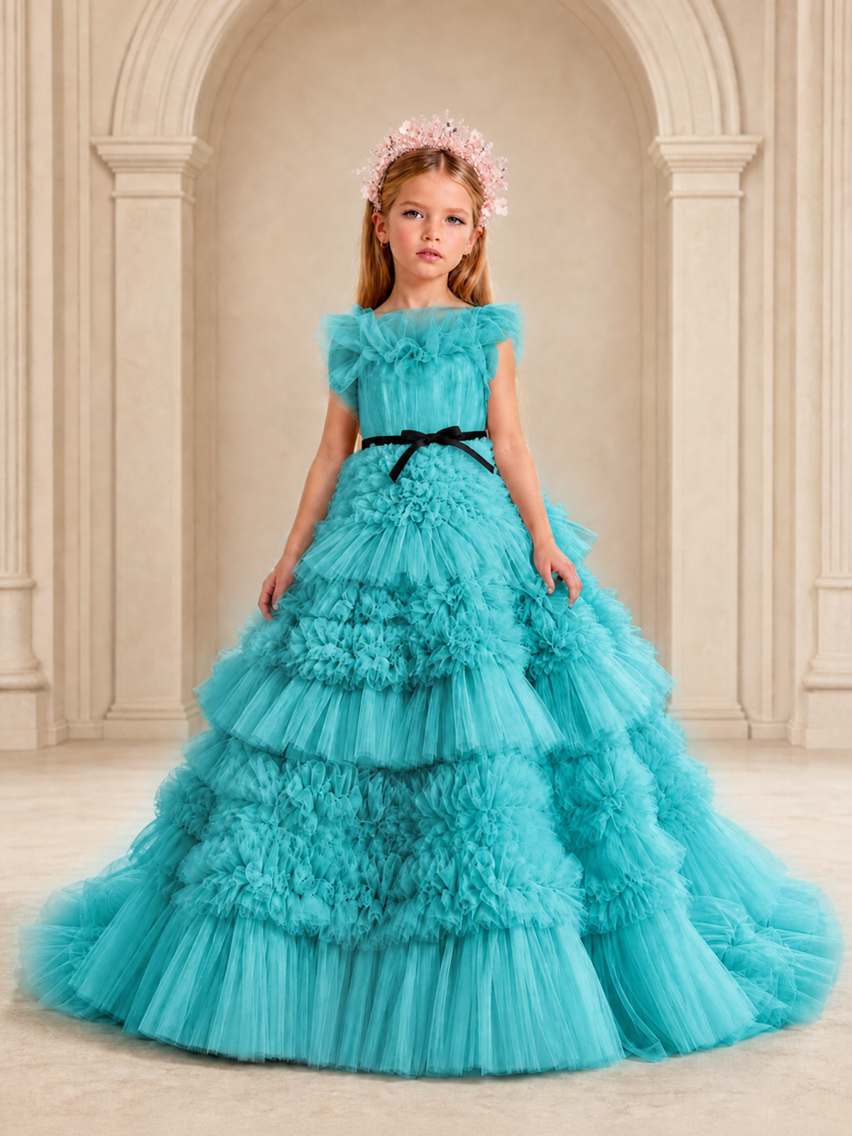 BOLODOO Turquoise Tiered Tulle Flower Girl Dress with Floral Appliques - Turquoise - Turquoise_1