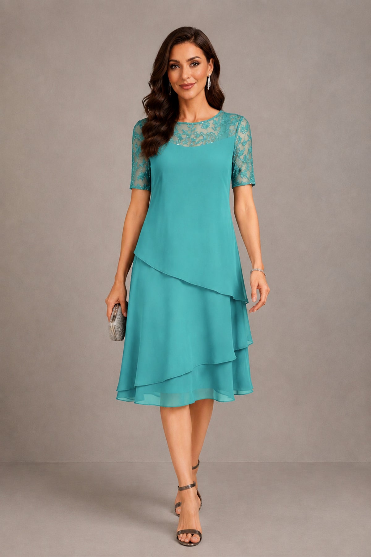 BOLODOO Turquoise Illusion Lace Short Sleeve Tiered Chiffon Tea Length Dress | Mother of the Bride Midi Dress - Turquoise