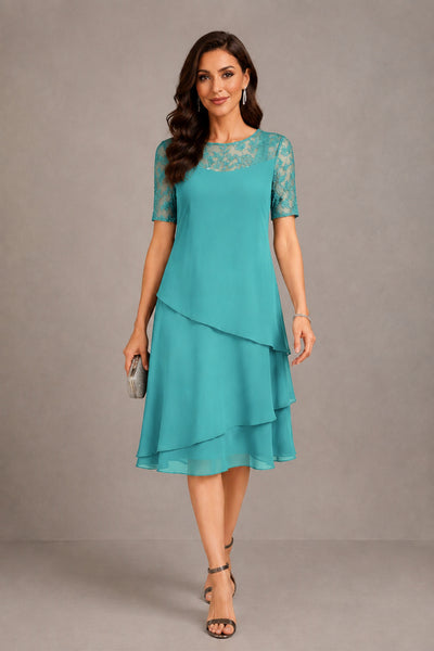 BOLODOO Turquoise Illusion Lace Short Sleeve Tiered Chiffon Tea Length Dress | Mother of the Bride Midi Dress - Turquoise