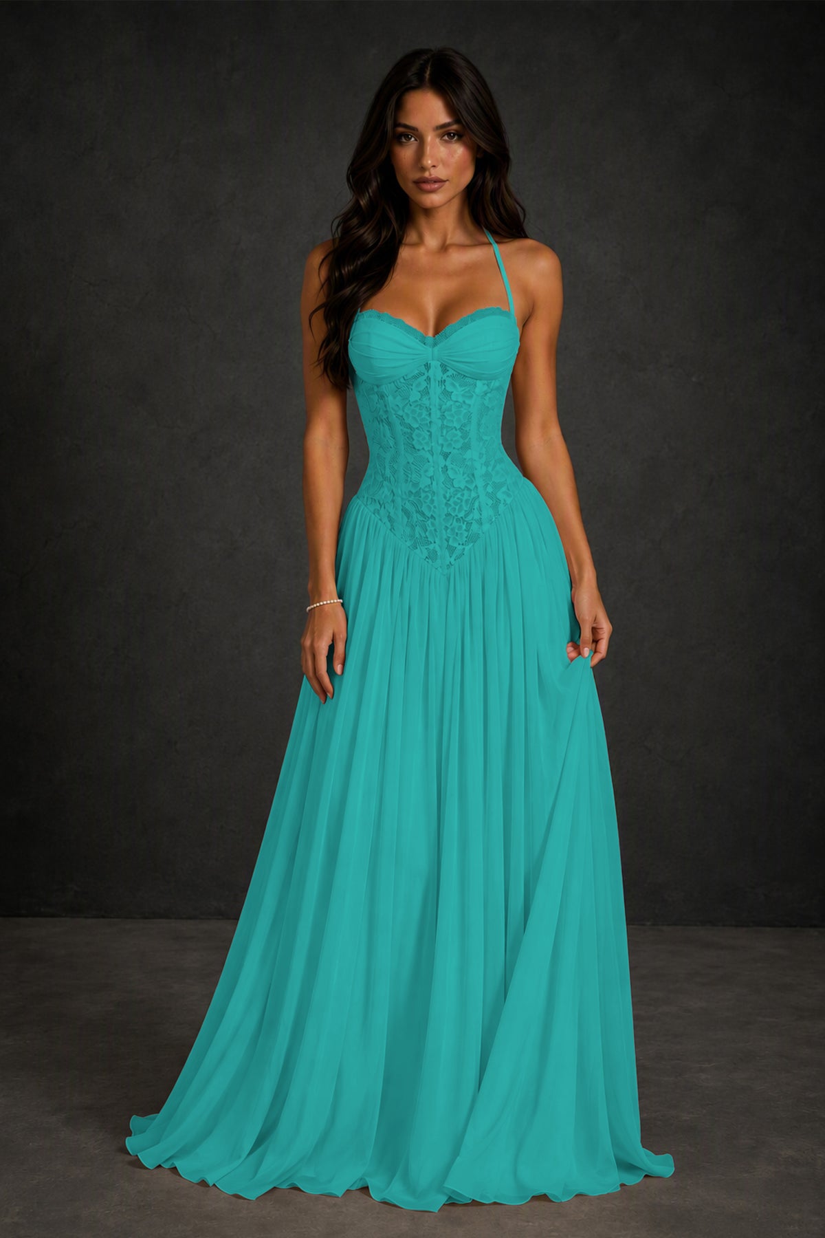 BOLODOO Turquoise Lace Corset Halter Maxi Gown – Backless A-Line Formal Dress - Turquoise