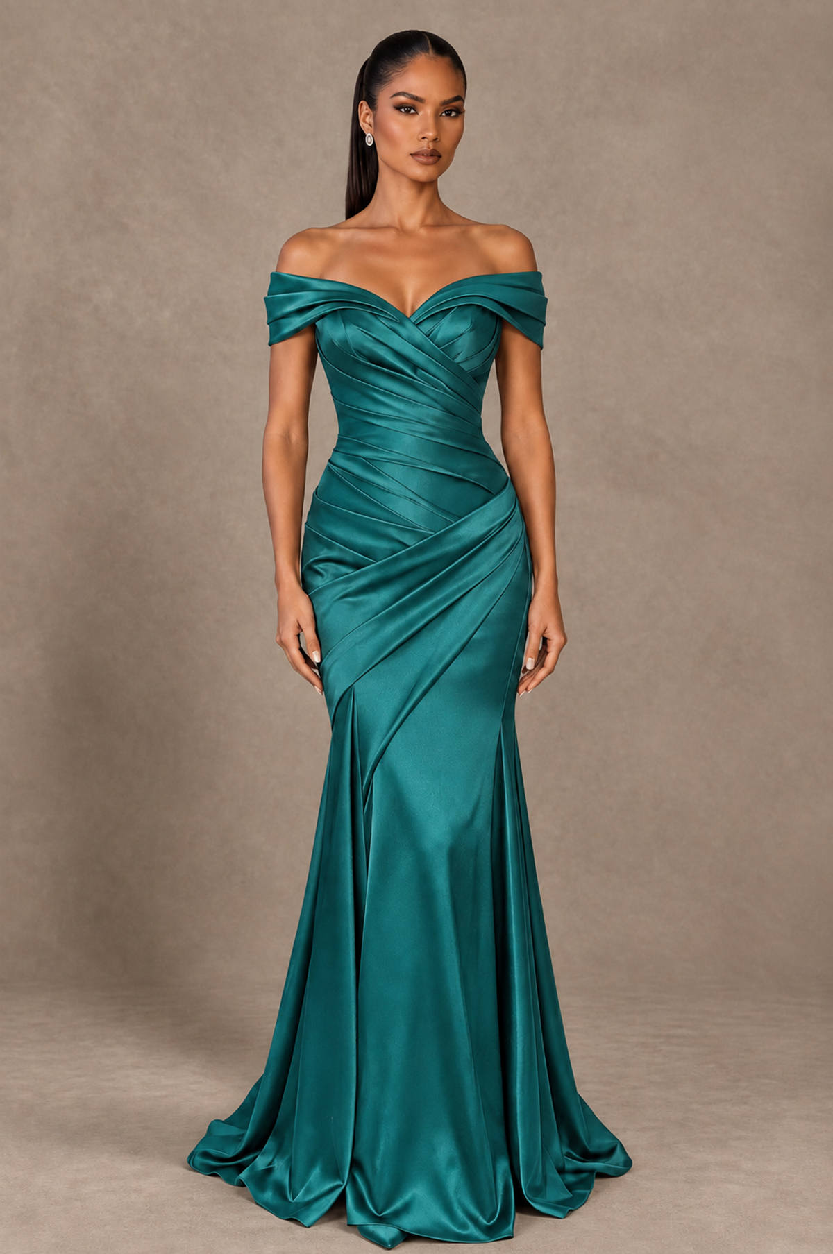 BOLODOO Turquoise Off-the-Shoulder Ruched Satin Mermaid Evening Dress - Turquoise - Turquoise_1