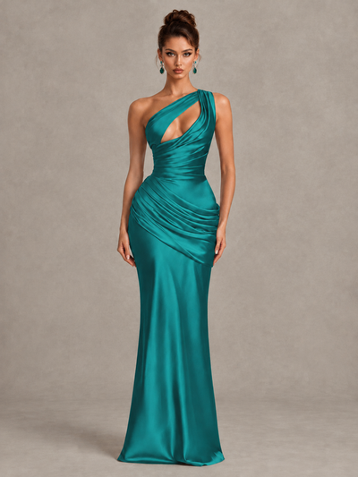 BOLODOO Turquoise One-Shoulder Cutout Satin Mermaid Prom Dress - Turquoise - Turquoise_1