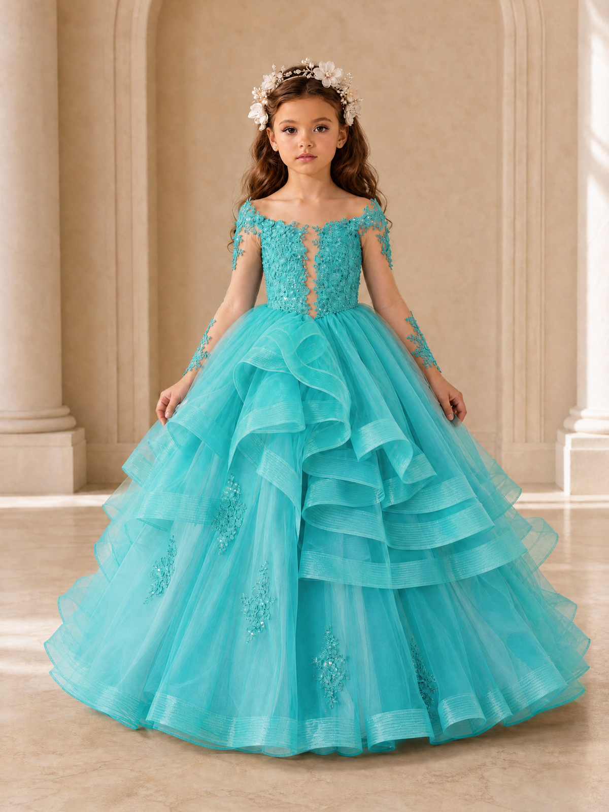 BOLODOO Turquoise Lace Long Sleeve Tiered Flower Girl Dress - Turquoise - Turquoise_1
