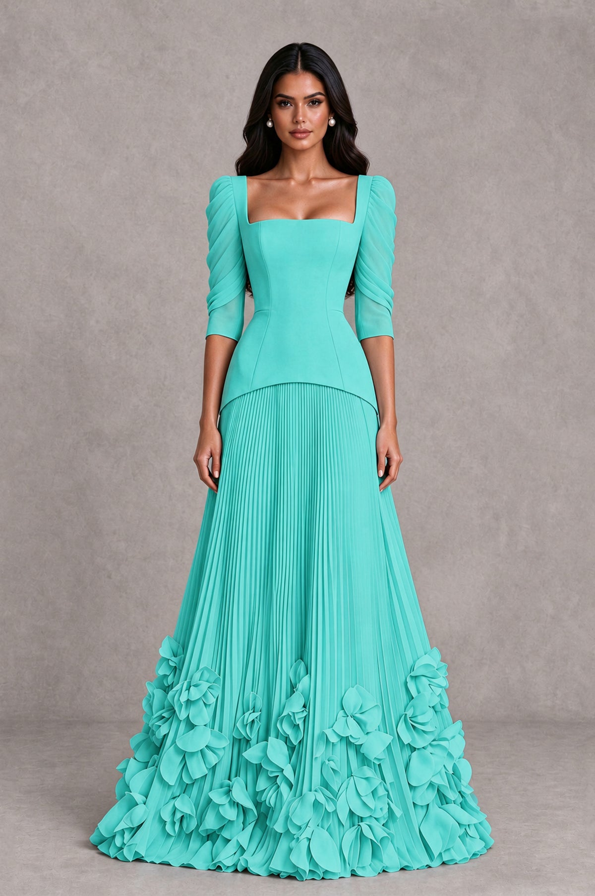 BOLODOO Turquoise Square Neck Pleated Floral Applique Evening Dress - Turquoise - Turquoise_1