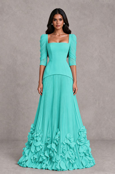 BOLODOO Turquoise Square Neck Pleated Floral Applique Evening Dress - Turquoise - Turquoise_1