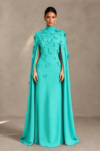BOLODOO Turquoise 3D Floral Applique Cape Formal Dress - Turquoise - Turquoise_1