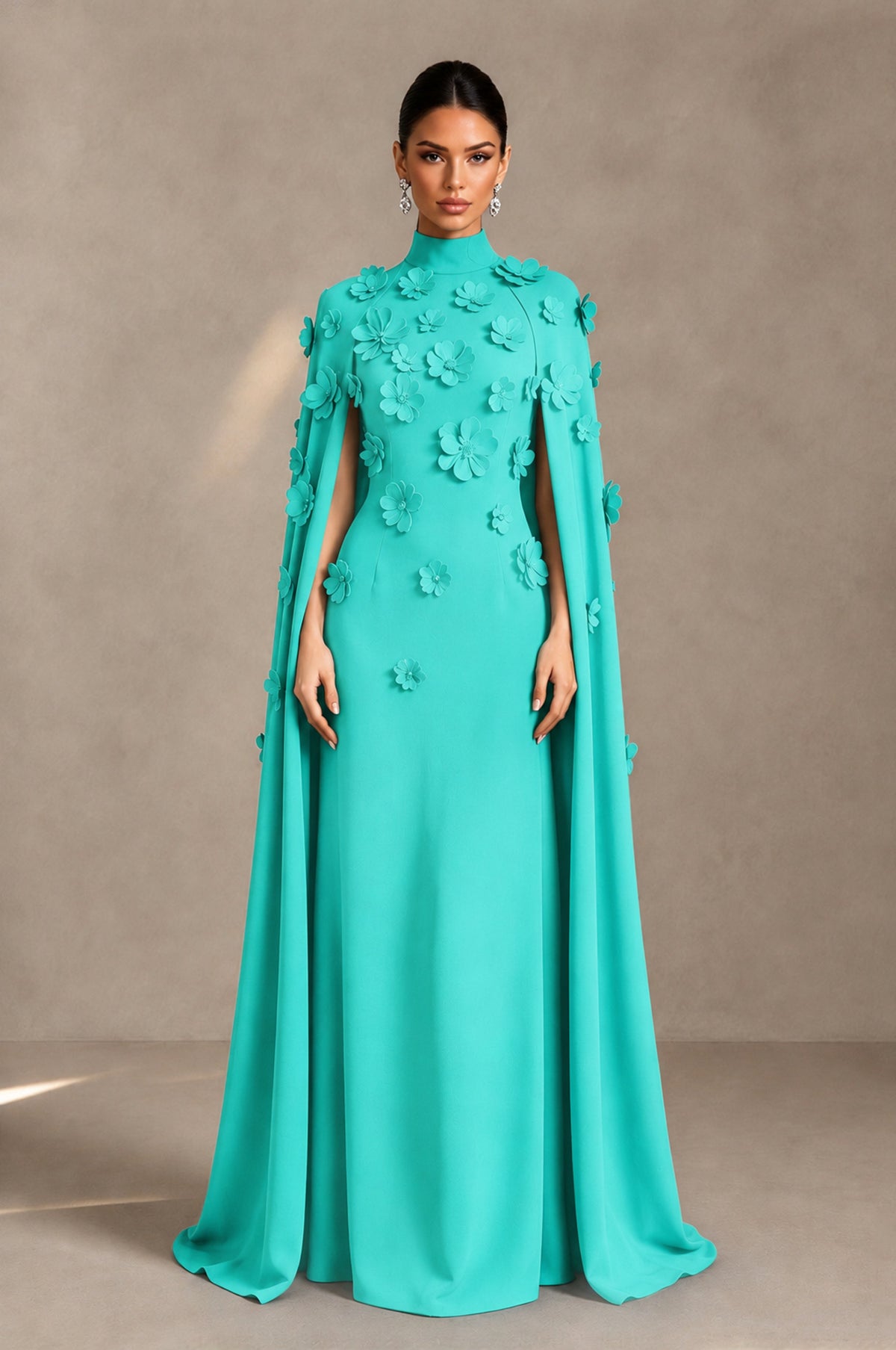 BOLODOO Turquoise 3D Floral Applique Cape Formal Dress - Turquoise - Turquoise_1