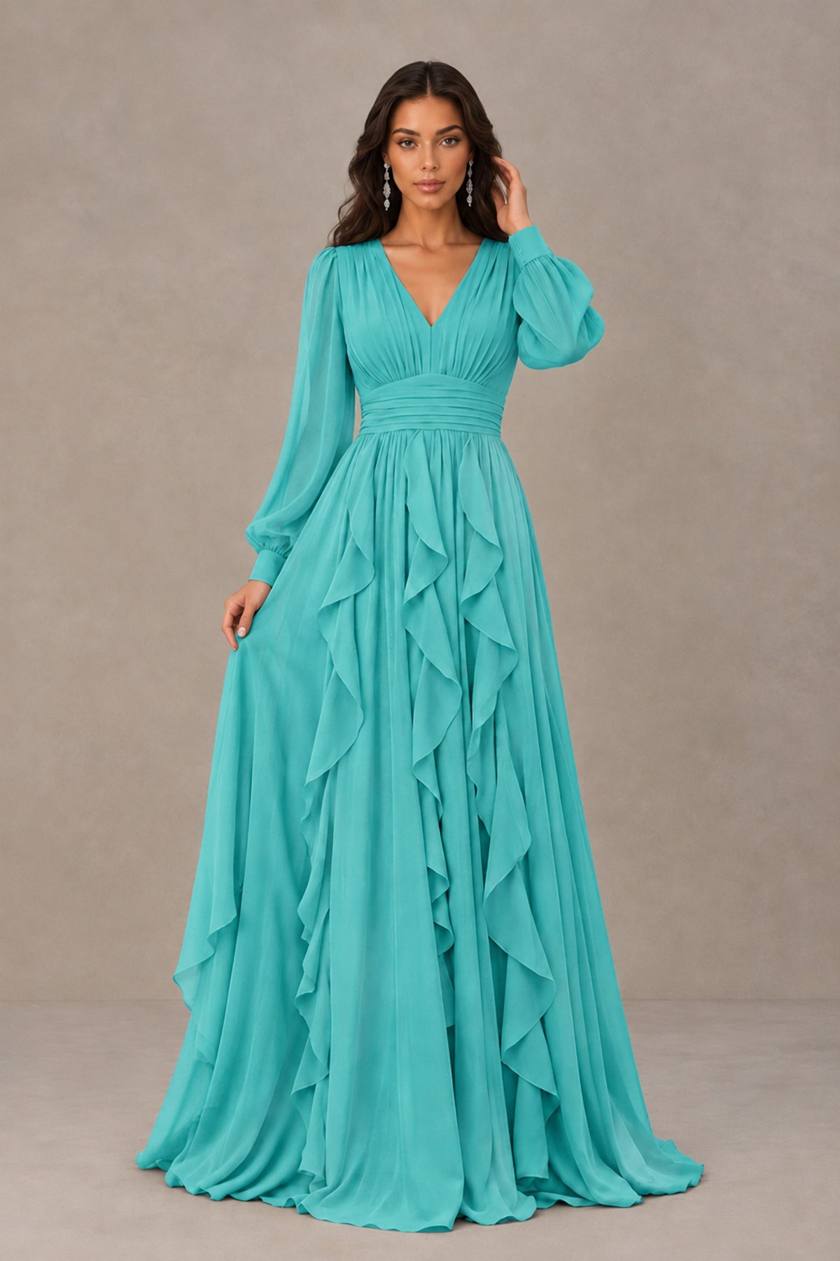 BOLODOO Turquoise Long Sleeve V-Neck Ruffle Maxi Dress - Turquoise