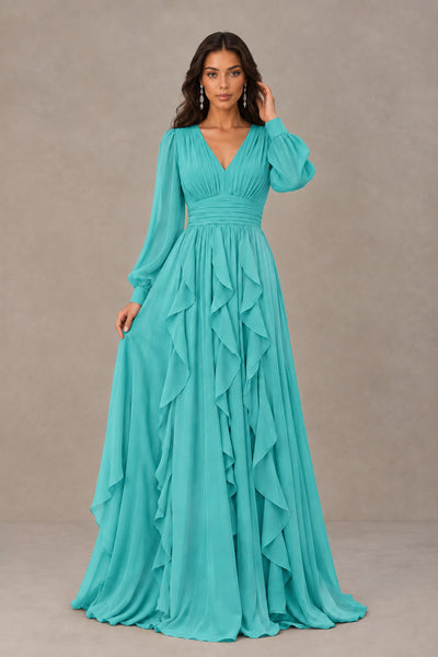 BOLODOO Turquoise Long Sleeve V-Neck Ruffle Maxi Dress - Turquoise