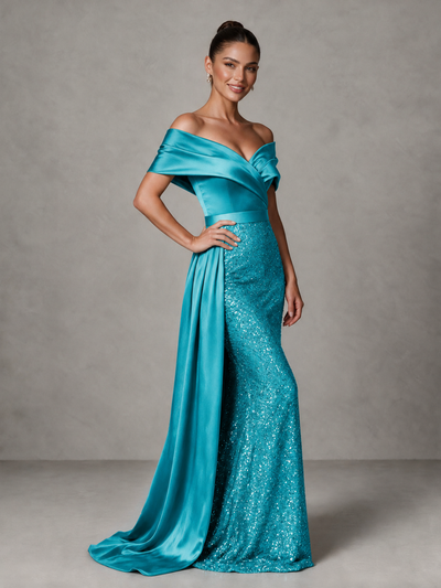 BOLODOO Turquoise Sequin Mermaid Evening Dress with Off-Shoulder Satin Drape and Sweep Train - Turquoise - Turquoise_1