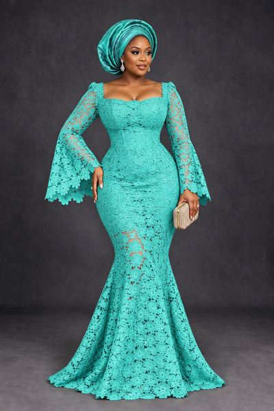 BOLODOO Turquoise African Lace Mermaid Dress, Plus Size Nigerian Wedding Guest Gown with Bell Sleeves - Turquoise - Turquoise_1