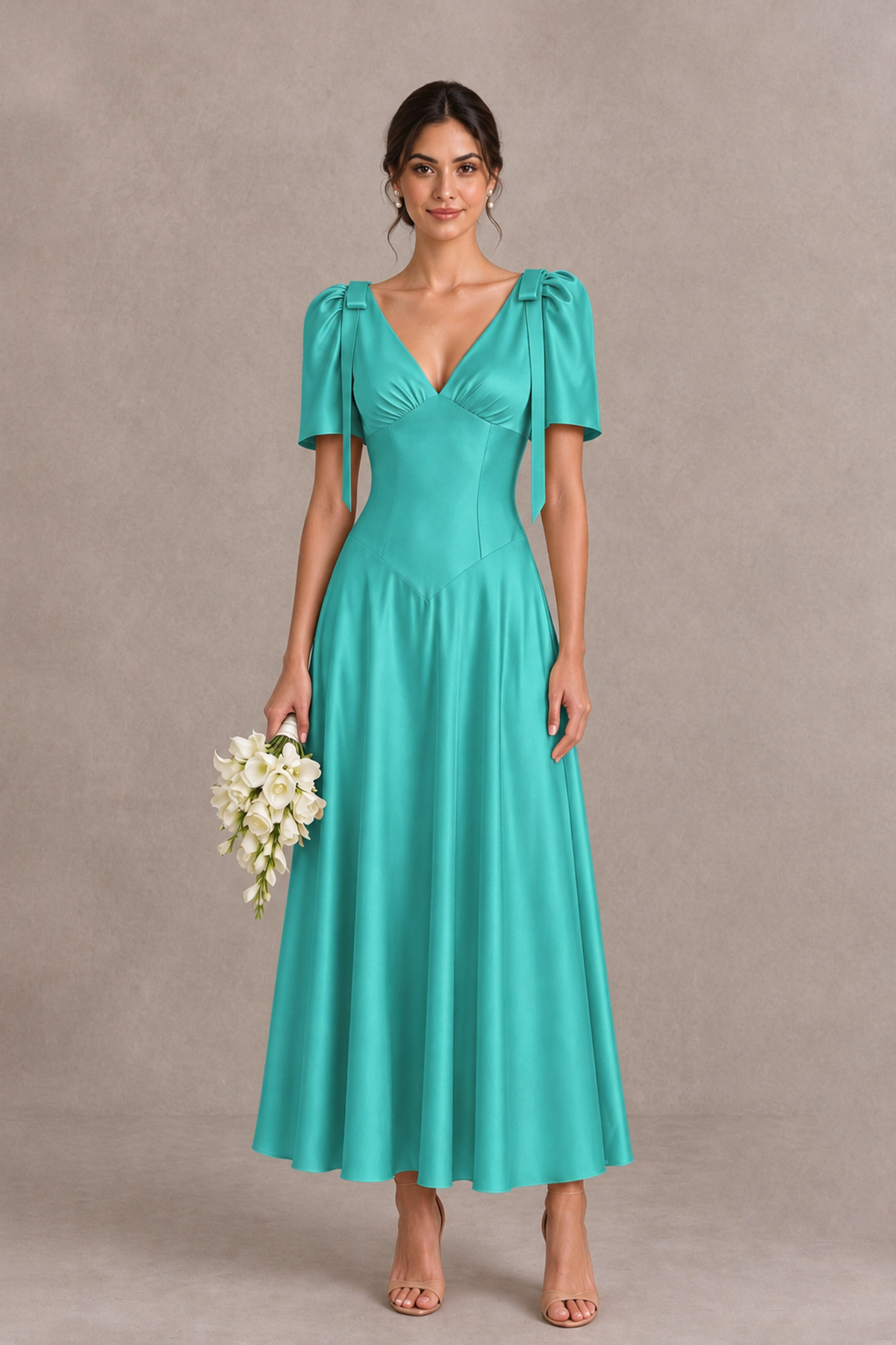 BOLODOO Turquoise V-Neck Short Sleeve Satin-Look Bridesmaid Dress with Shoulder Bows - Turquoise - Turquoise_1