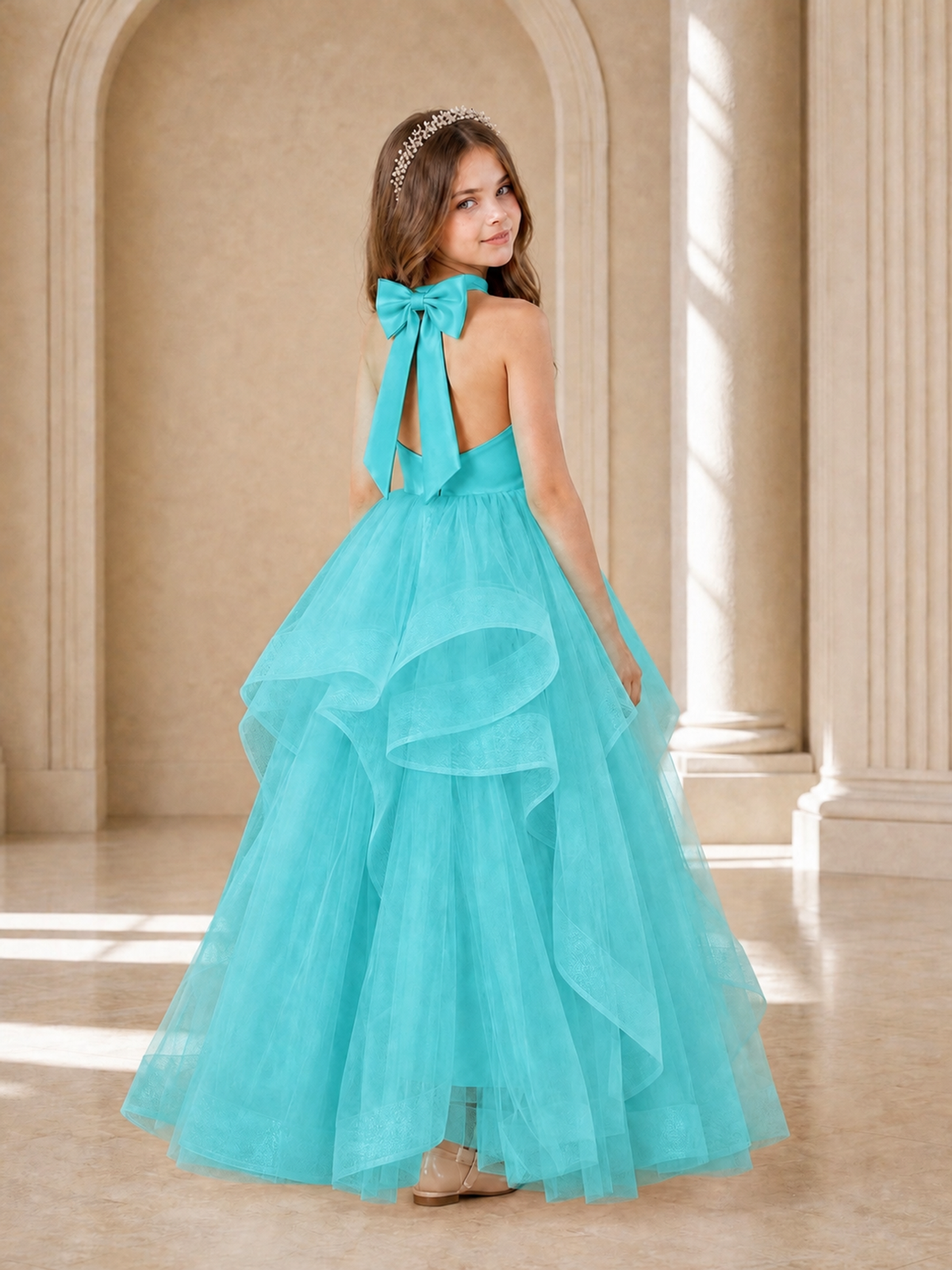 BOLODOO Turquoise Halter Tiered Tulle Flower Girl Dress with Bow Back - Turquoise - Turquoise_1