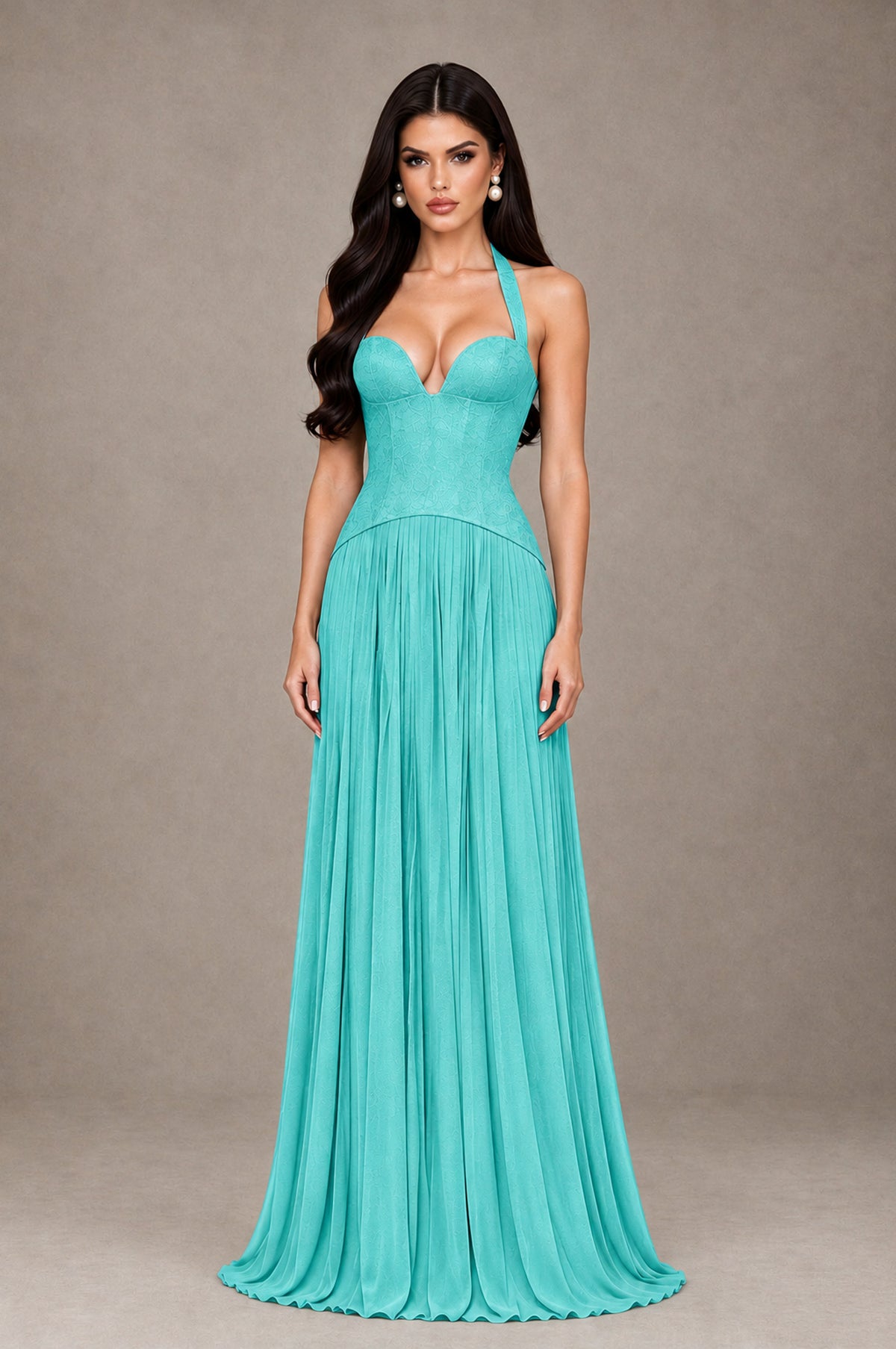 BOLODOO Turquoise Halter Corset Pleated A-Line Evening Dress - Turquoise - Turquoise_1
