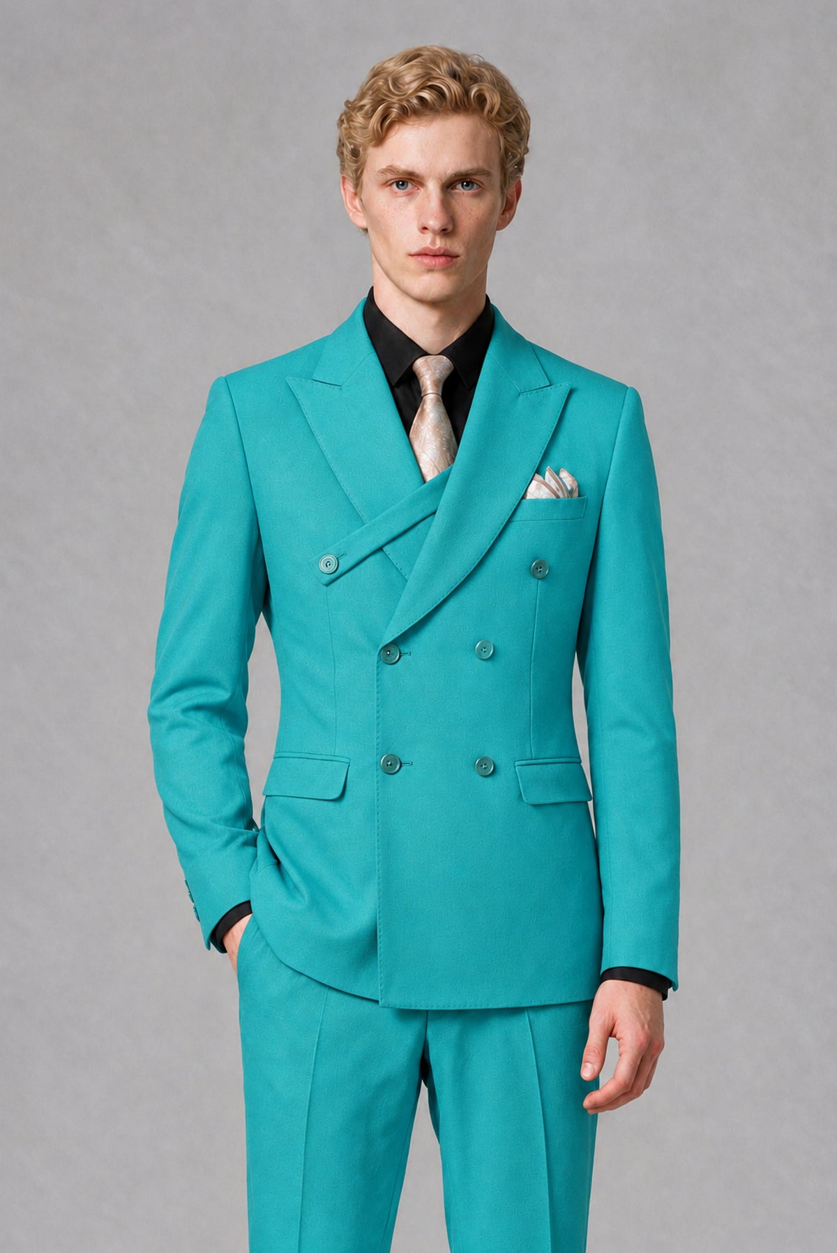BOLODOO Men's Turquoise Double-Breasted Two-Piece Suit – Jacket & Trousers - Turquoise