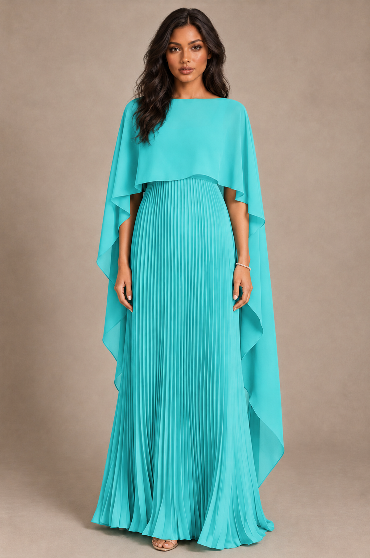 BOLODOO Turquoise Pleated Cape A-Line Evening Dress - Turquoise - Turquoise_1