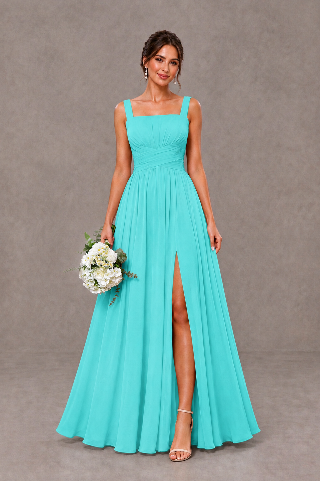 BOLODOO Turquoise Square Neck A-Line Bridesmaid Dress with Slit - Turquoise - Turquoise_1