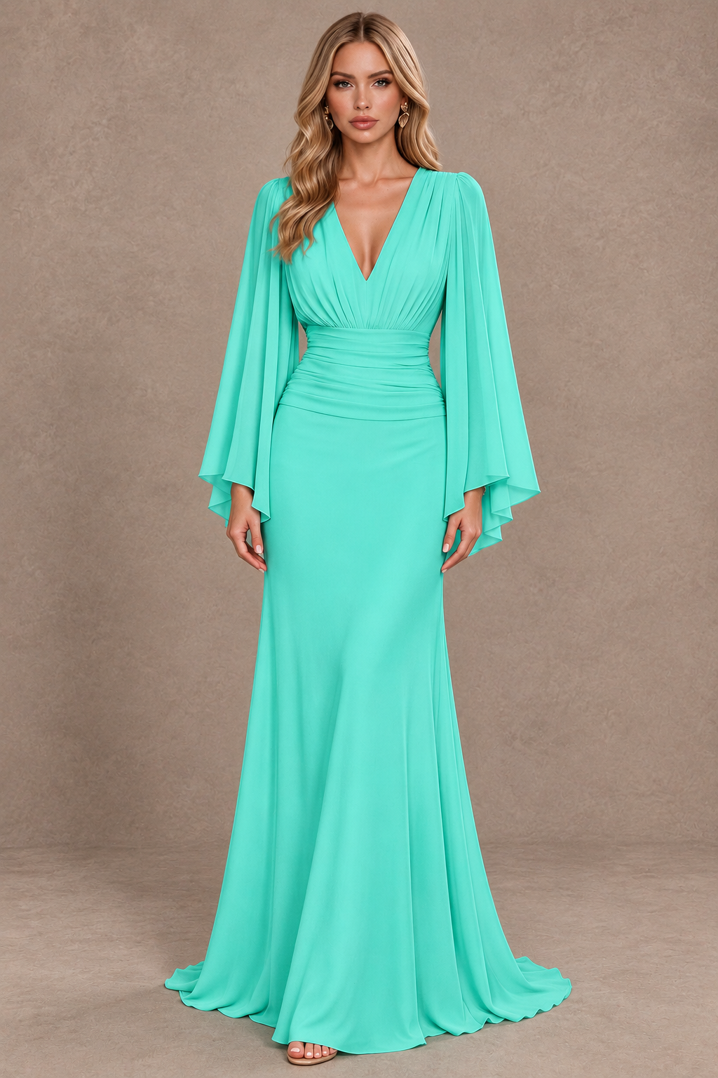 BOLODOO Turquoise Cape Sleeve V-Neck Ruched Chiffon Evening Dress - Turquoise - Turquoise_1