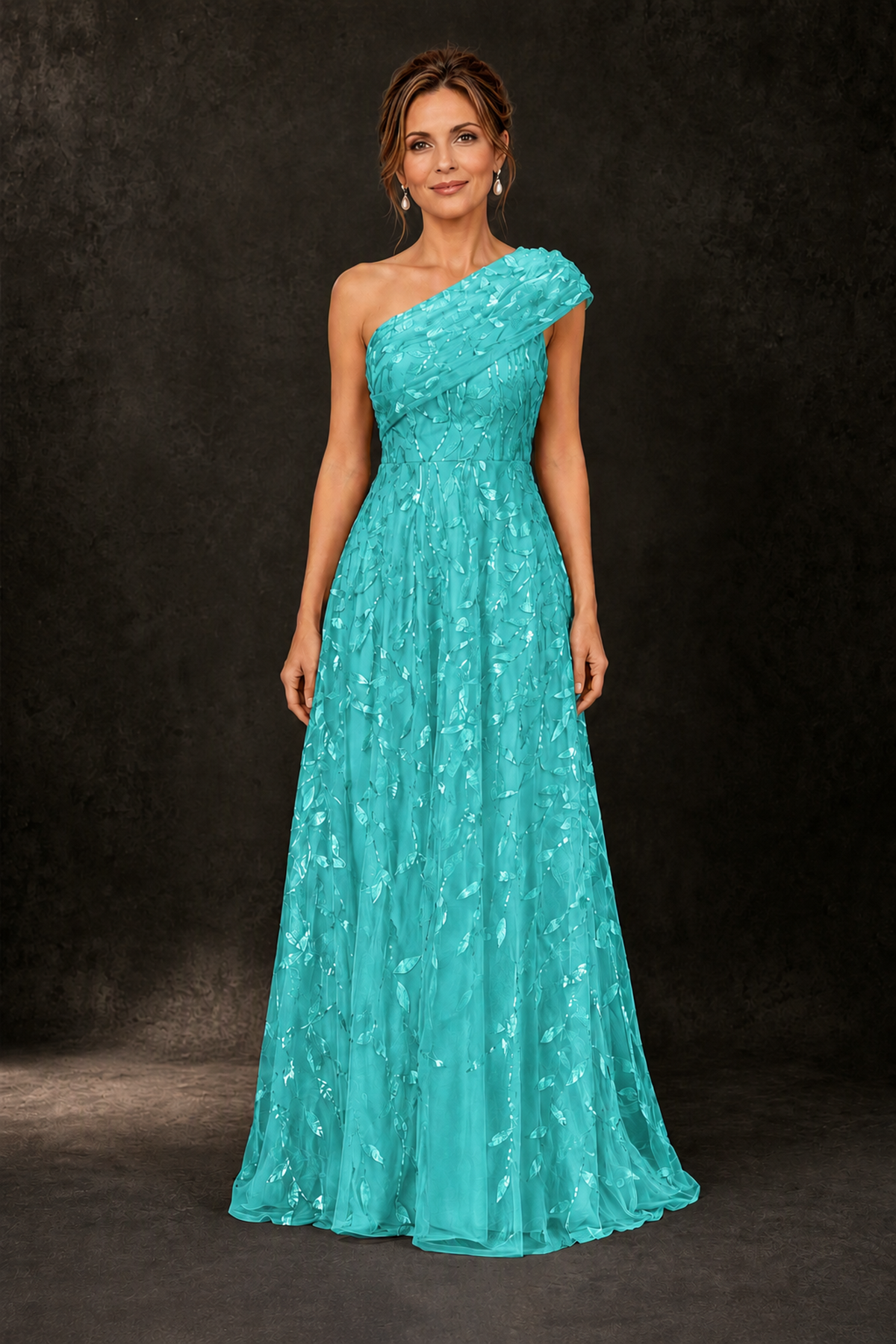 BOLODOO Turquoise Leaf Sequin One-Shoulder A-Line Maxi Gown – Mother of the Bride & Formal Evening Dress - Turquoise - Turquoise_1