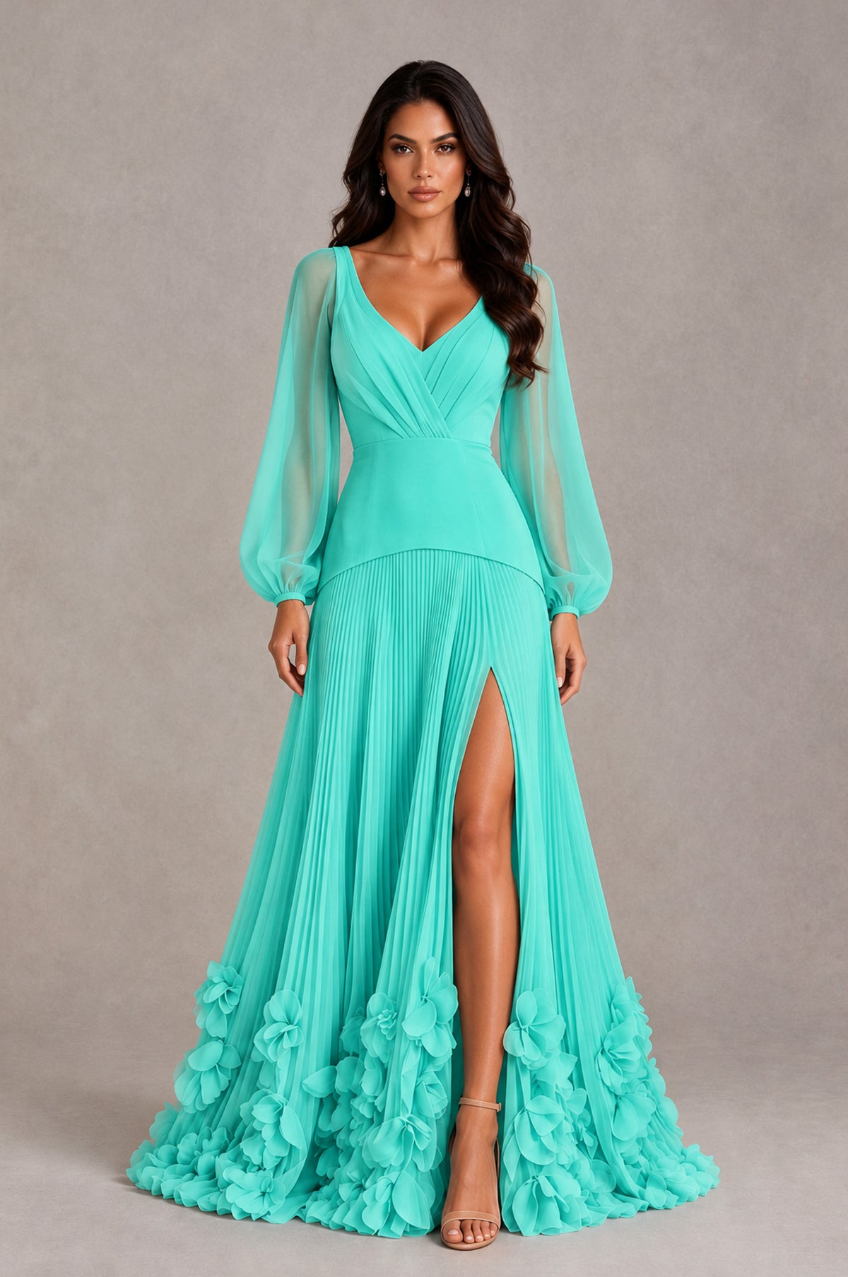 BOLODOO Turquoise V-Neck Long Sleeve Pleated Floral Hem Evening Dress - Turquoise - Turquoise_1