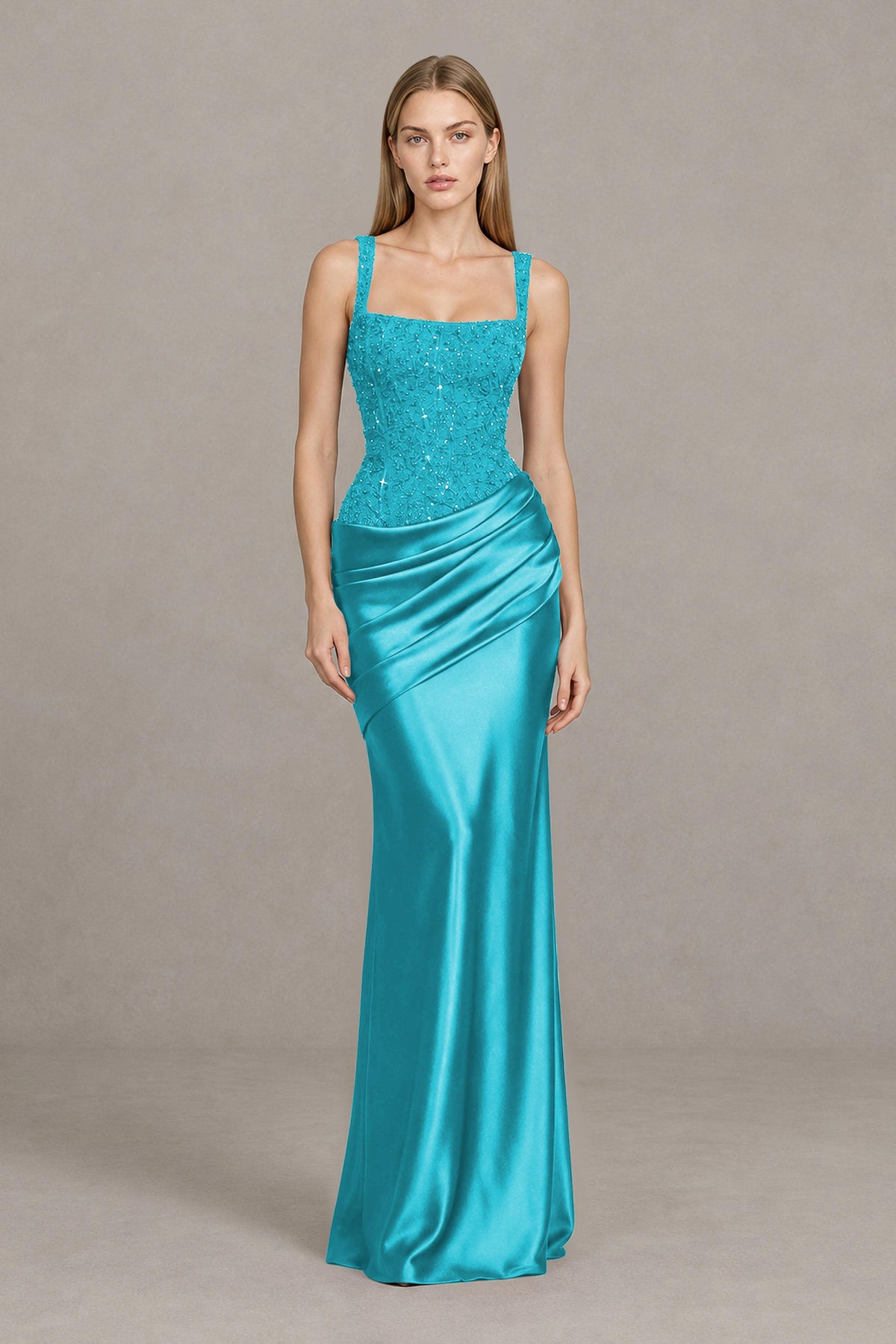 BOLODOO Turquoise Square Neck Embellished Satin Evening Gown - Turquoise