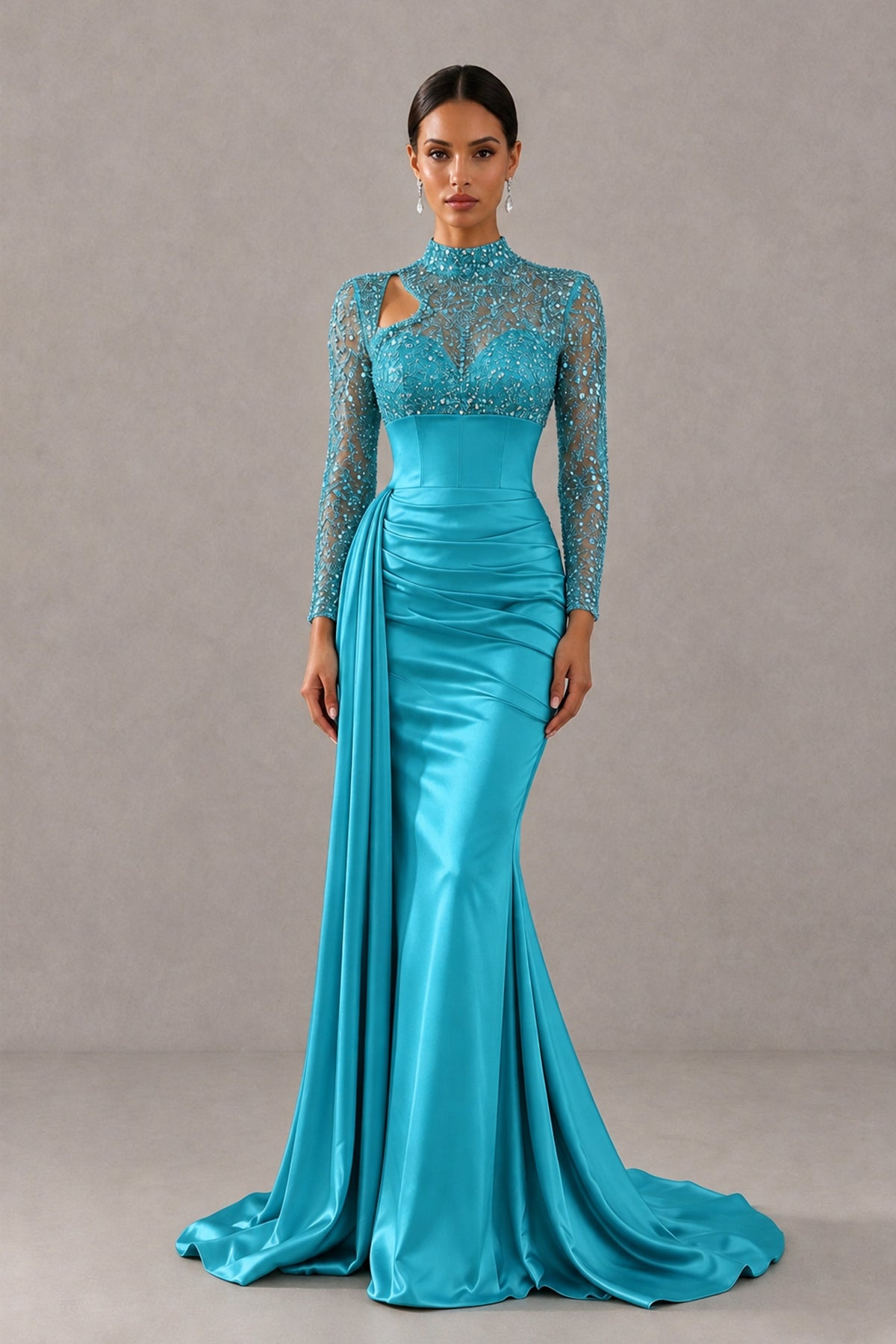 BOLODOO Turquoise Long Sleeve Embellished Satin Mermaid Evening Gown - Turquoise - Turquoise_1