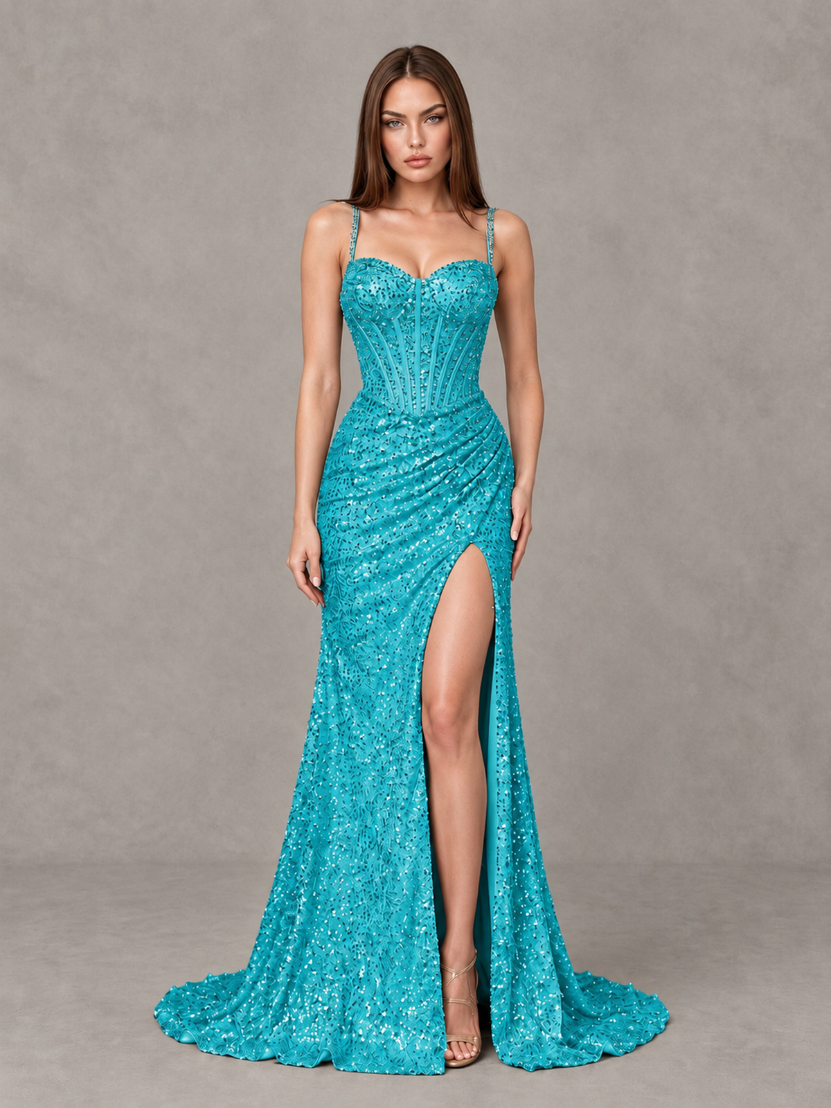 BOLODOO Turquoise Sequin Corset Evening Gown with High Slit - Turquoise - Turquoise_1